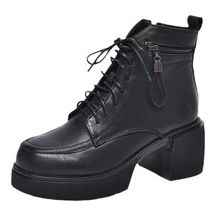 高跟厚底真皮加绒马丁靴2026新款粗跟牛皮短靴时装靴皮鞋女鞋皮靴