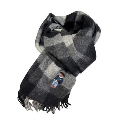 英伦格纹刺绣小熊羊毛围巾情侣款