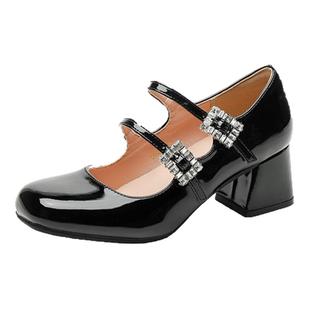 宇凡~法式玛丽珍单鞋春季一字扣带水钻方头高跟鞋粗跟小皮鞋复古