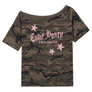 CLIMAX VISION复古千禧迷彩星星字母印花斜肩舒弹短袖女一字肩T恤