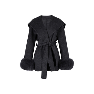 XULU原创秋冬baby小山羊绒+棉羊毛全手工双面呢大衣灰色系带外套