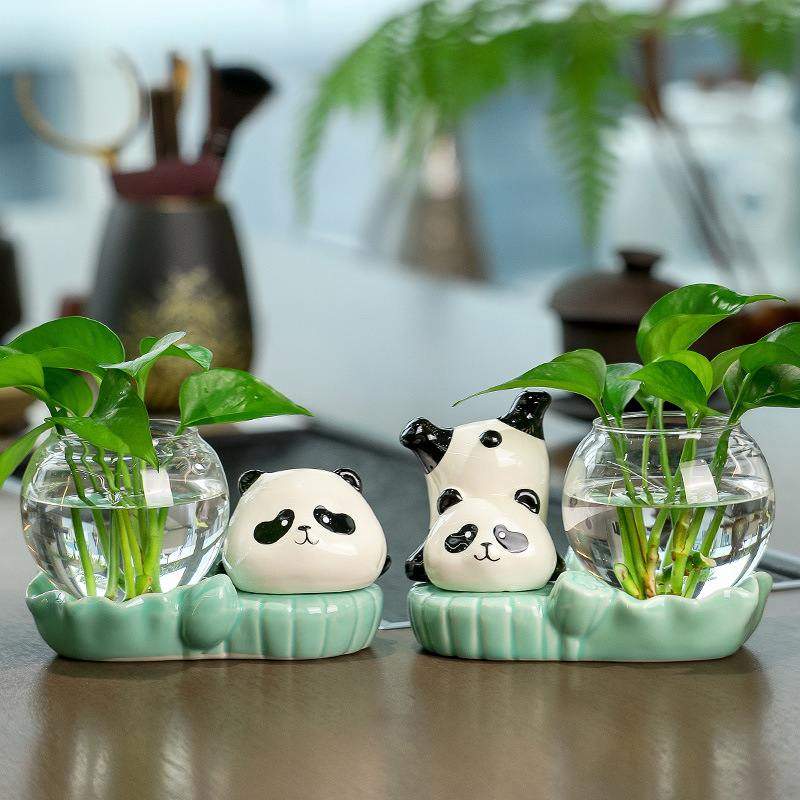卡通熊猫家居办公桌装饰品摆件水器皿萝花瓶培玻璃植物插花花瓶绿
