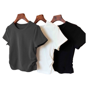 小个子短款褶皱收腰下摆短袖T恤女夏装ins潮韩版修身显瘦半袖上衣