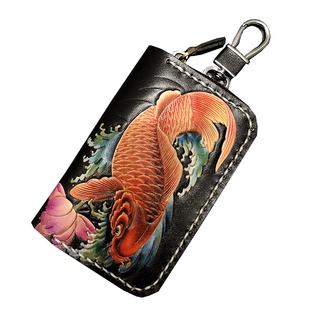 调皮匠汽车钥匙包卡包二合一男真皮女收纳包多功能手工皮雕锁匙包