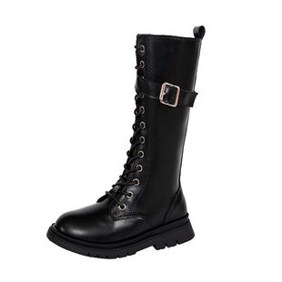 长筒靴子女童鞋加绒皮靴秋冬新款英伦高筒棉靴软底时尚儿童马丁靴