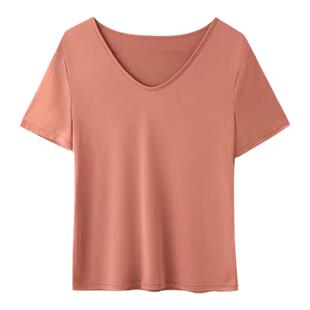 Outlets品牌折扣 卡恩希夏装新款宽松莫代尔V领BF风休闲纯色T恤女