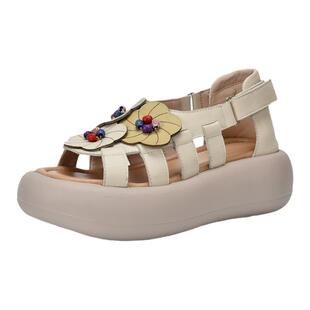 2025夏季新款头层牛皮厚度凉鞋女民族风露趾手工真皮花朵罗马凉鞋