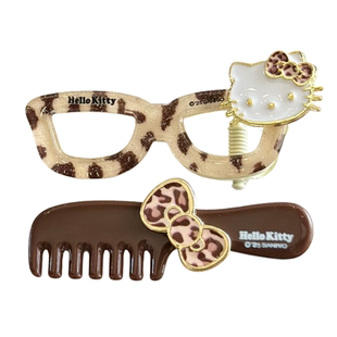 正版Hello kitty豹纹眼镜发梳发夹少女秋冬咖色侧边夹韩版刘海夹