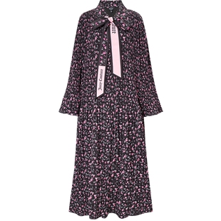 Juicy Couture橘滋连衣裙女26春夏新款法式碎花长袖黑色系带长裙