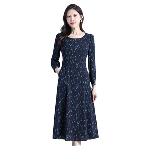 埃伦波点印花气质连衣裙女2025秋季新款圆领收腰显瘦修身减龄长裙