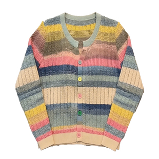 多巴胺彩色条纹短款针织开衫女早春2026新款宽松薄款毛衣外套上衣