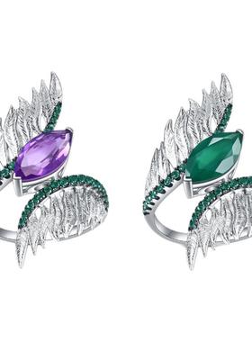 设计师款复古风天使之翼戒指 意大利风925银镶嵌天然彩宝紫晶戒指