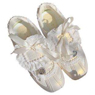 pinkyo原创蕾丝珍珠蝴蝶结三色平底运动鞋甜美优雅日系百搭德训鞋