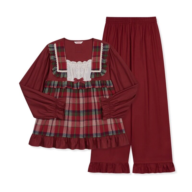 Ullala乌拉拉进口甜美复古格子方领睡衣套装女纯棉家居服25300