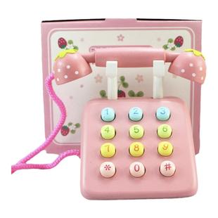 木制仿真电话机过家家益智玩具周岁生日礼物早教模拟通话粉蓝红色