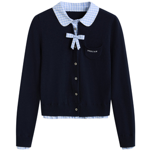 HERLIAN 2026年春季新品娃娃领撞色拼接女士长袖短款针织开衫上衣