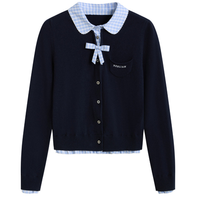 HERLIAN 2026年春季新品娃娃领撞色拼接女士长袖短款针织开衫上衣