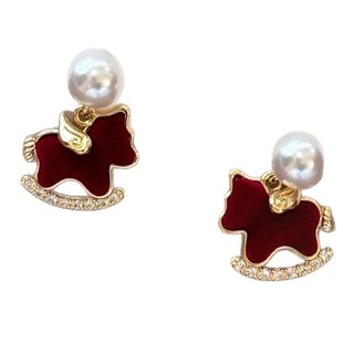 植绒小马珍珠红色耳坠耳钉银针高级气质耳环女本命年耳饰新年礼物