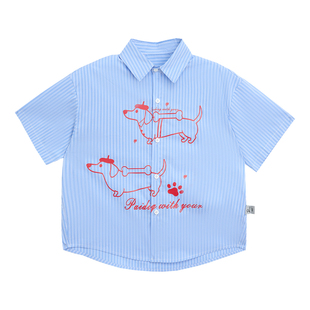 派町童装男童衬衫大童儿童蓝白条纹小狗印花短袖2026夏季新款潮