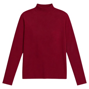 Basic House/百家好红色半高领针织打底衫女冬季加厚内搭修身毛衣