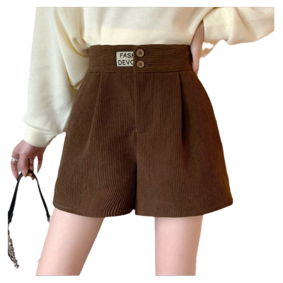 高腰百搭灯芯绒短裤显瘦阔腿裤