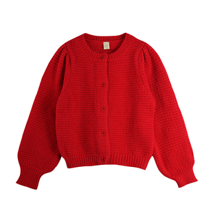 蔡爸爸童装2025新款冬装女童毛衣红色开衫加厚圆领外套中大童1171