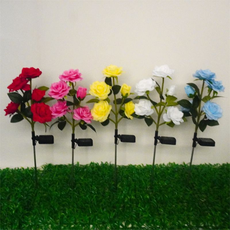 太阳能5头玫瑰花灯户外太阳能草坪灯庭院花园装饰灯节日氛围灯