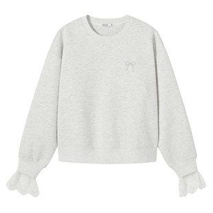 热风女士卫衣圆领内搭打底衫2025年秋季新款蝴蝶结图案蕾丝边卫衣