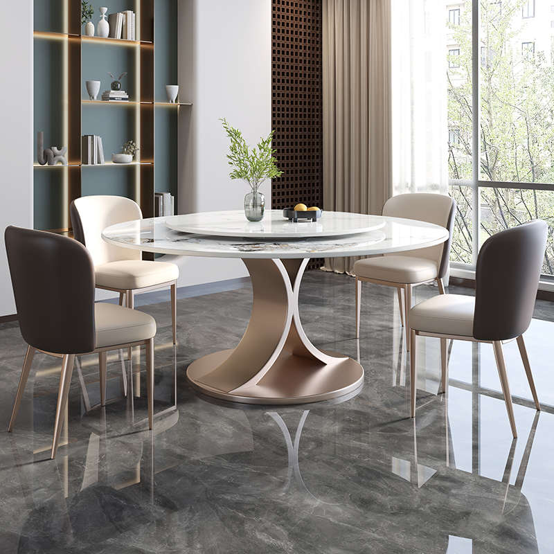 轻奢亮光岩板餐桌椅组合现代简约家用小户型客厅圆形带转盘吃饭桌