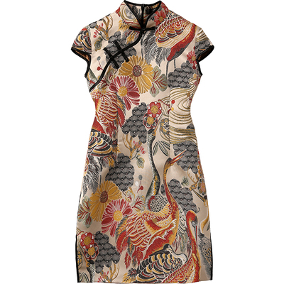 原创设计师优雅仙鹤金色缎面提花