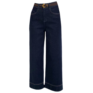 2025秋冬Jeans阿凡牛A3689深蓝抓毛薄绒宽松九分女牛仔直筒阔腿裤