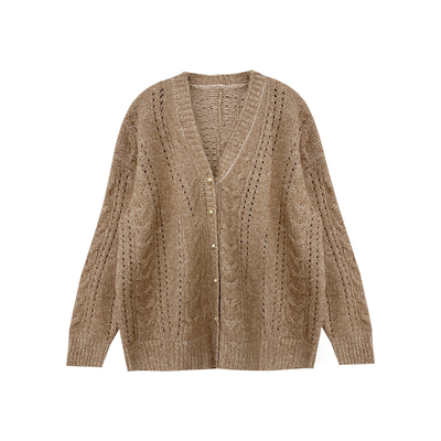 Lazy Didi浅奢织物 慵懒秋冬软糯毛衣外套中长款V领镂空扭花开衫