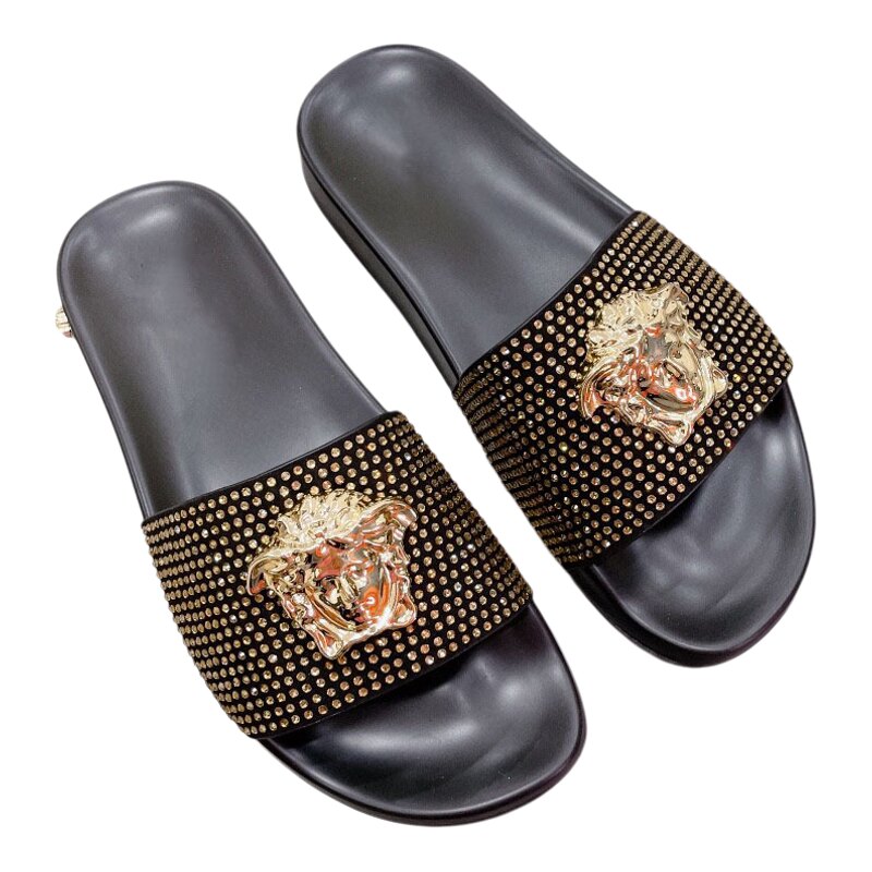 跨境外贸高品质男士拖鞋新款金色美人头水钻拖鞋情侣款时尚一字拖