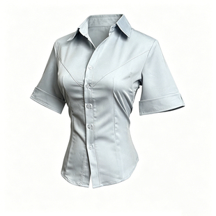 一坨羊原创 小川衬衫 蓝色收腰短袖长袖衬衣女jk制服弹力修身上衣