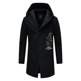 H876换季断码清仓冬季男士时尚刺绣连帽黑色中长款51％羊毛呢棉衣