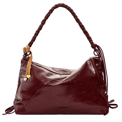 Desigual安可拉红箱型分割拉链装饰单肩手提斜跨包