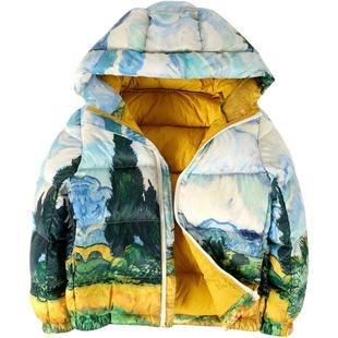 梵高油画白鸭绒面包羽绒服男孩女孩同款外套儿童连帽羽绒衣棉袄冬