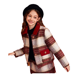 ask新年拜年服女童套装2024冬季小香风呢子外套短裙两件套