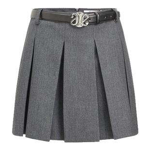 EVAOUXIU春夏羊毛百褶灰色半身裙极简百搭A字百褶裙格雷系短裙