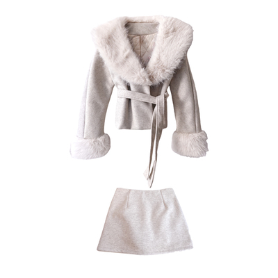 千金风毛毛领外套半身裙套装
