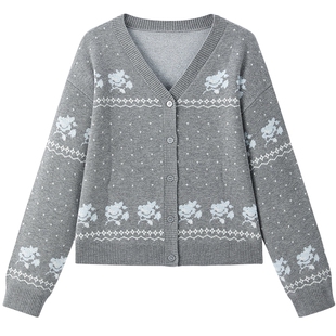 【商场同款】乐町小兔提花针织开衫春新款宽松毛衣外套C1EDF3430