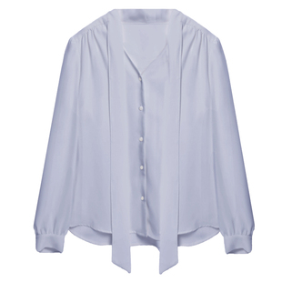 达佳诗蓝色蝴蝶结衬衫女法式高级感飘带雪纺上衣面试通勤穿搭衬衣