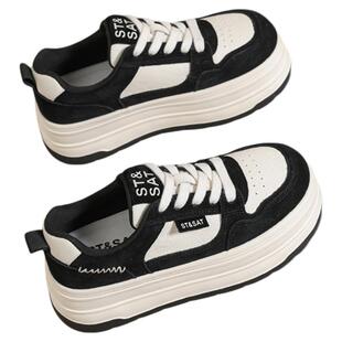 星期六黑白熊猫厚底板鞋女春季新款百搭休闲运动鞋女士增高小白鞋