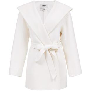 ONLY2025冬季新款慵懒风大兜帽斗篷系带绵羊毛双面毛呢大衣外套女