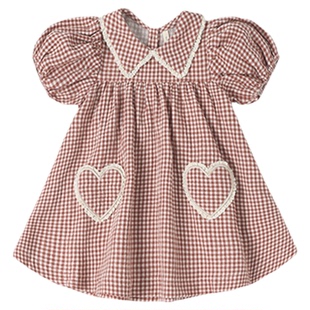 Quincy Mae26SS简约蝴蝶袖格纹连衣裙女童翻领爱心甜美宝宝公主裙