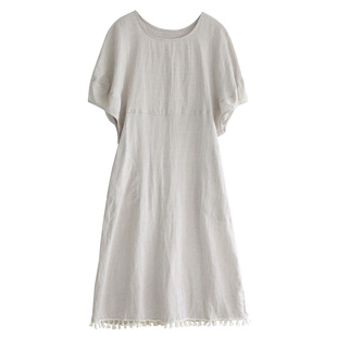 徐大脸吖定制 海边度假风流苏长裙子夏宽松短袖天丝亚麻连衣裙女