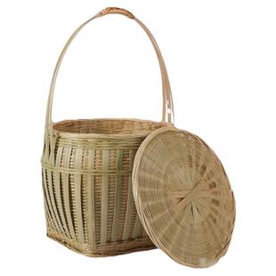竹编复古手提竹篮子带盖圆形方底头层竹青精编小号收纳鸡蛋篮竹筐