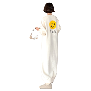 秋冬长款加绒套头卫衣裙女韩版新款宽松显瘦直筒印花加厚连衣裙潮