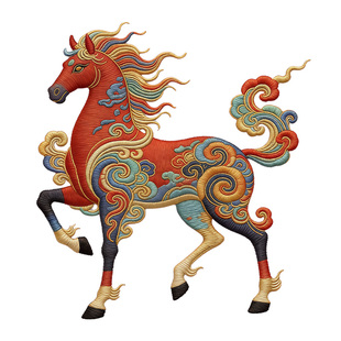 仿刺绣国风祥云红骏马热转印衣服印花装饰贴高弹胶印白墨烫画现货