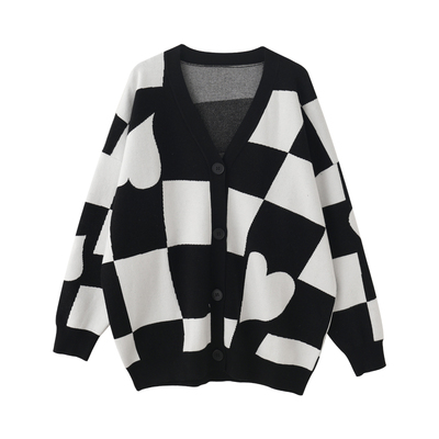 爱心棋盘单排扣V领开衫几何毛衣